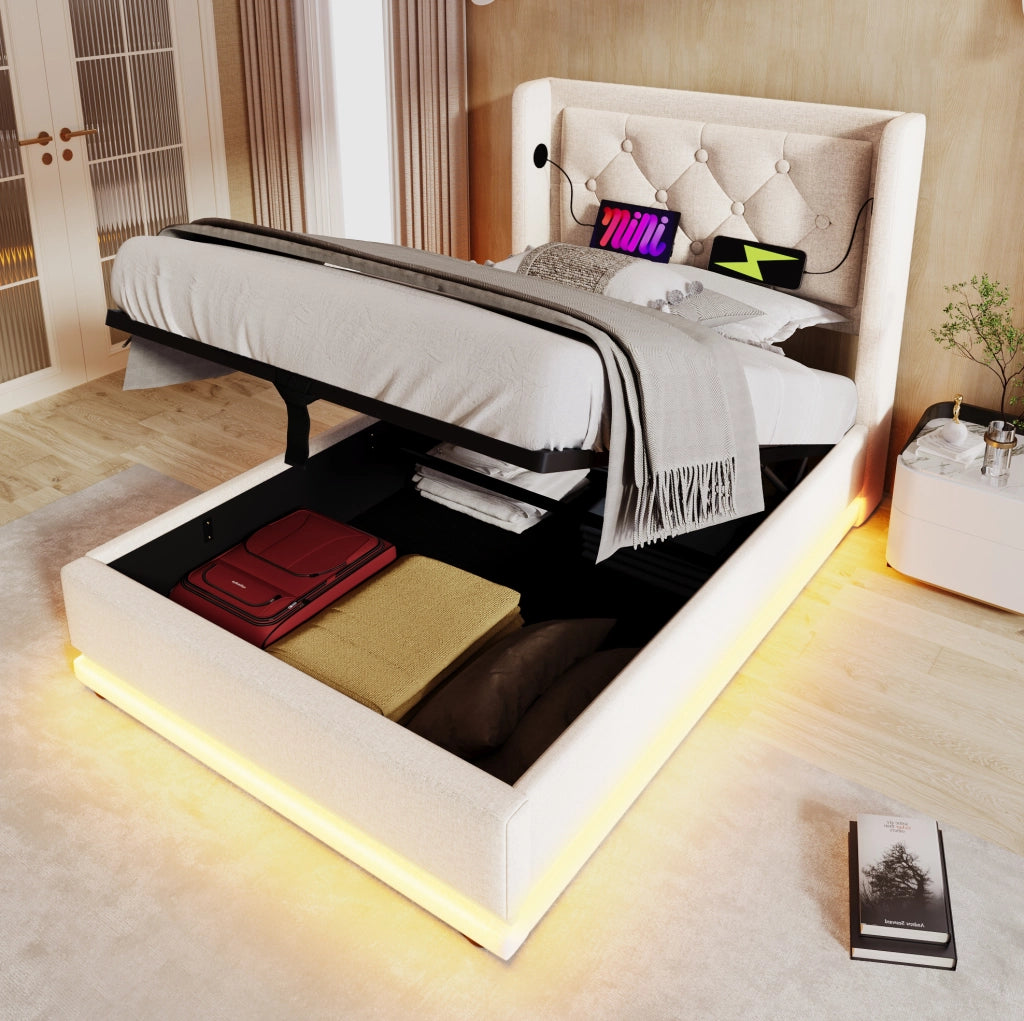 Letto singolo contenitore 90x200 beige con materasso, LED USB-C