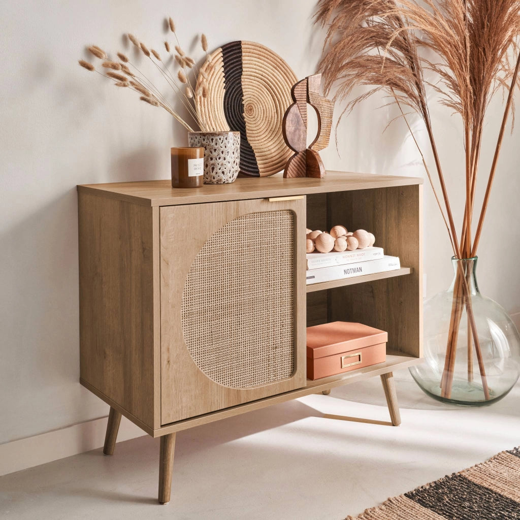 Credenza scandinava con decoro, legno arrotondato, 80cm, marrone