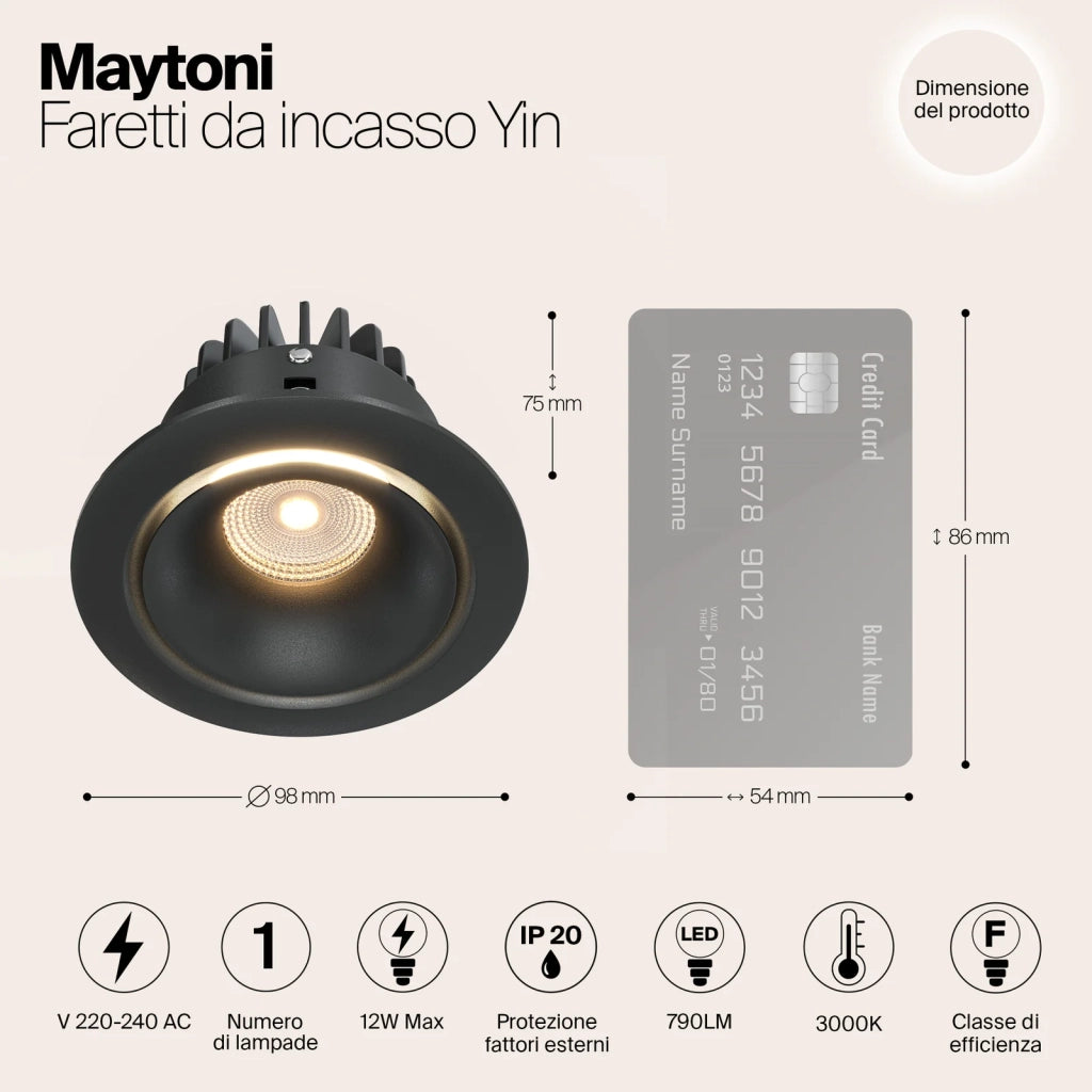 Maytoni Lampada da Incasso Yin 1 luce LED integrato nero metallo