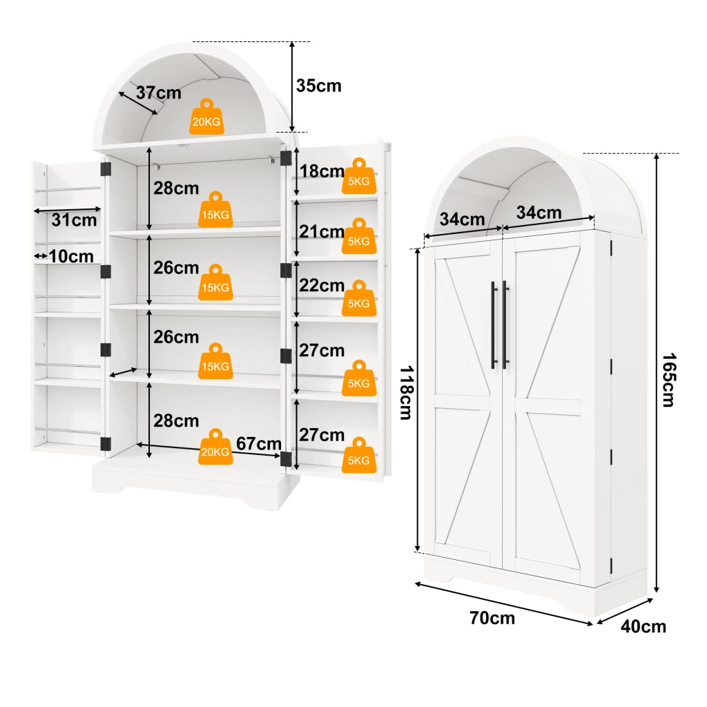 Vetrina con 3 ripiani e 5 vani, con vani aperti ad arco, per cucina e soggiorno, in MDF, bianco, 70 × 40 × 165 cm