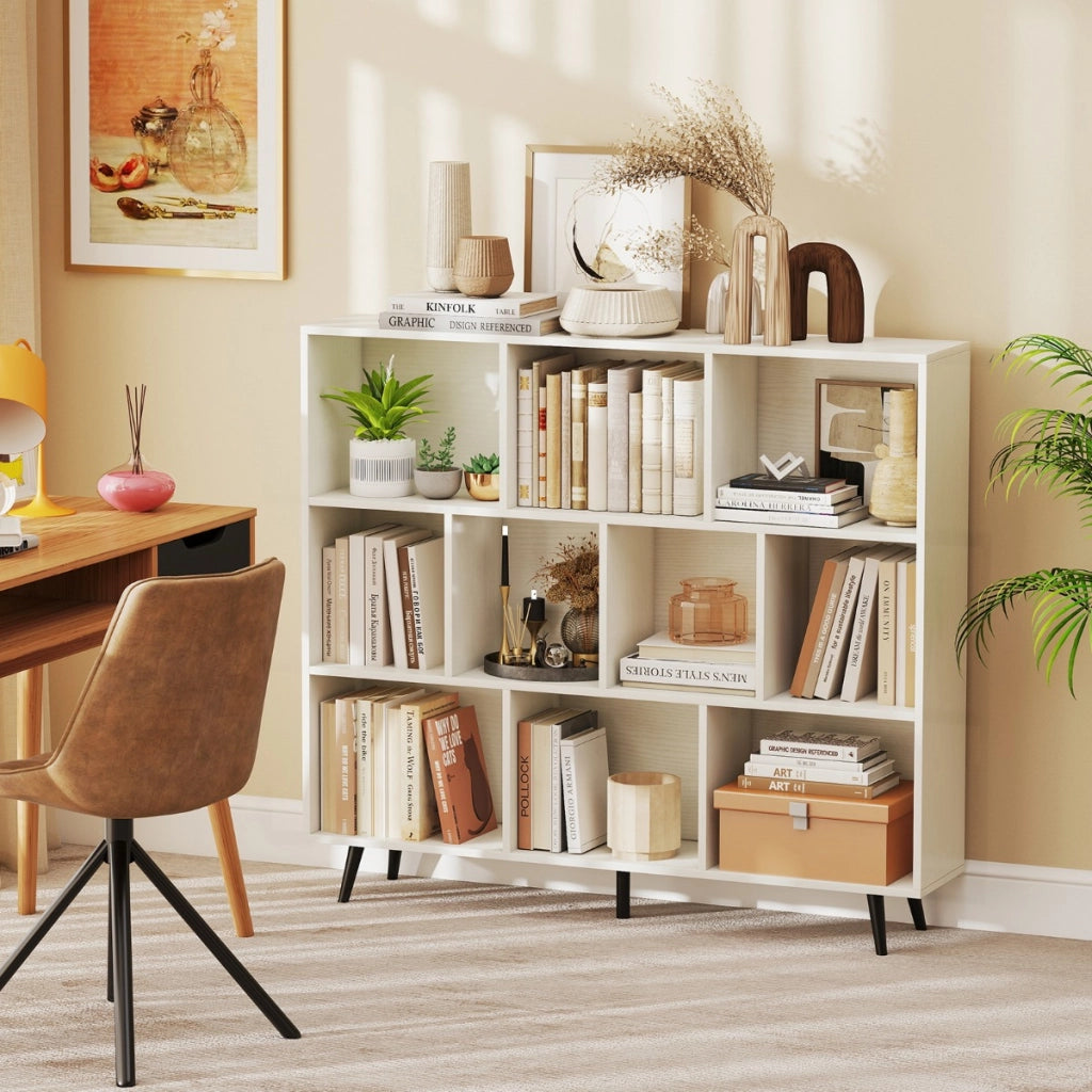 Organizzatore di stoccaggio moderno con 5 gambe di metallo affusolate, Libreria a 10 cubi camera da letto Bianco-Librerie