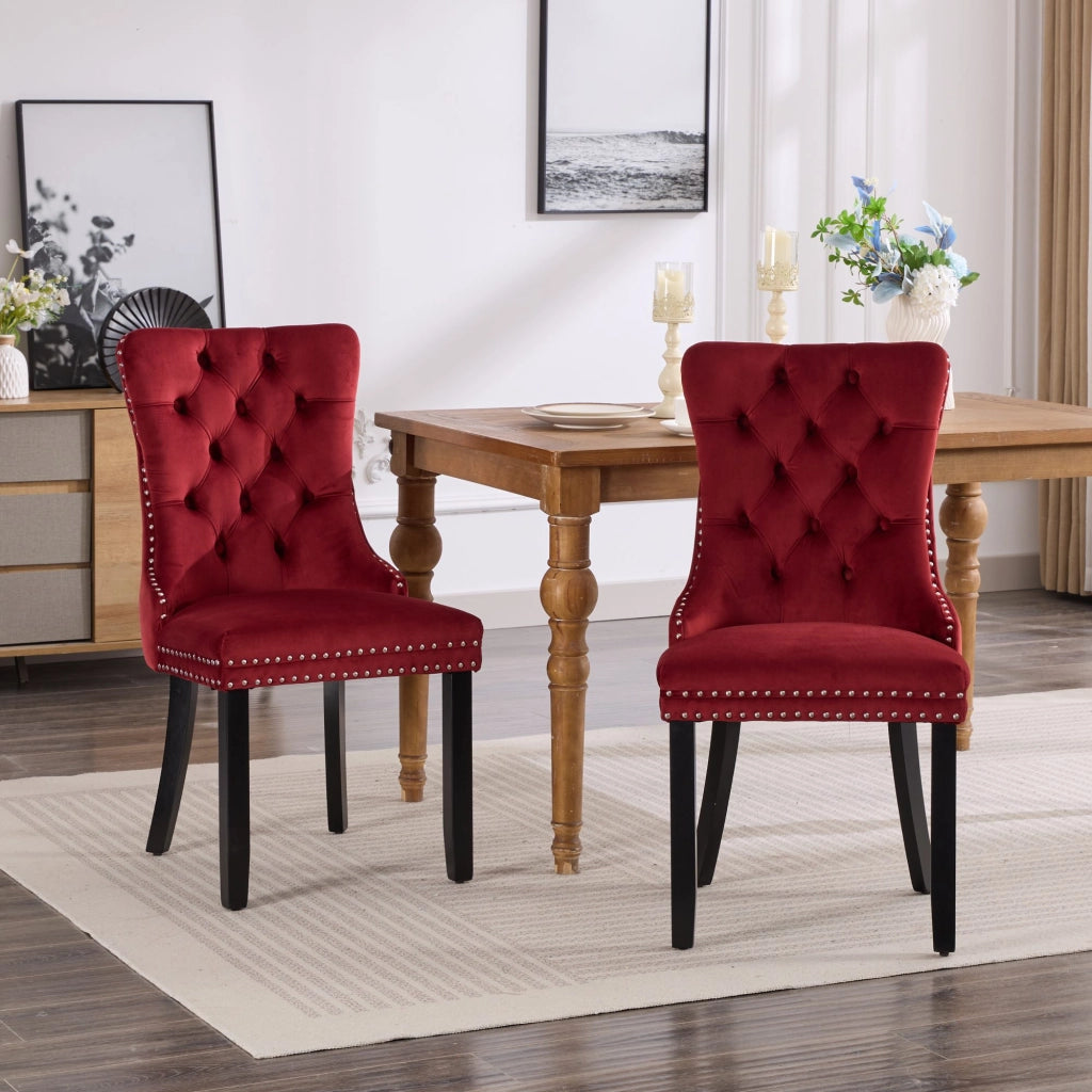Sedie da Pranzo in Velluto Imbottite con Gambe in Legno ¨C MINIMAL ¨C Set 2 Pezzi, Bordeaux
