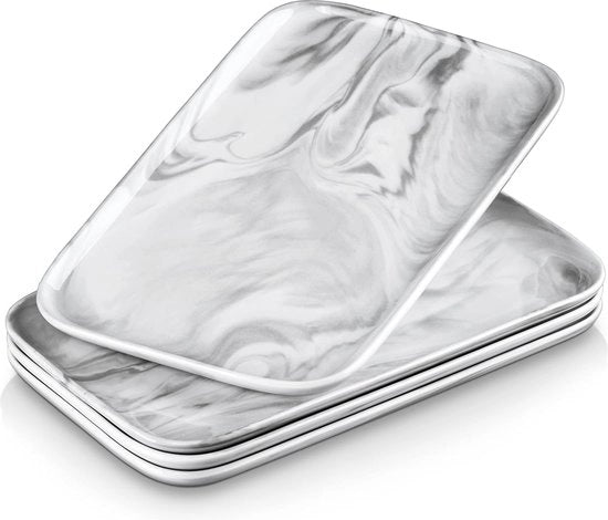 Tavolo da servizio in pelle di pescatore, set di 4 piatti da tavola, tavolo da servizio rettangolare grande per buffet, sushi, torte, antipasti a casa/ristorante, 30 x 18 cm grigio marmo