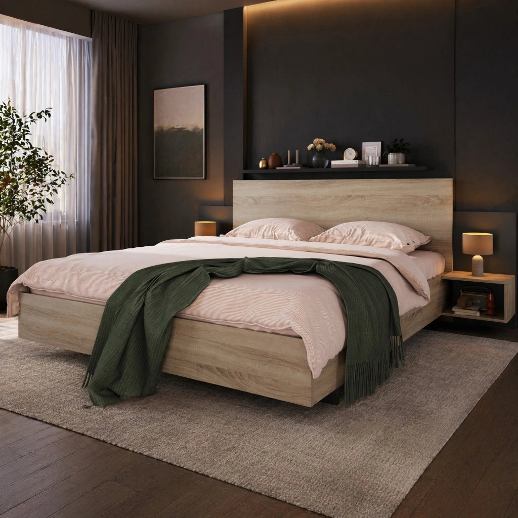 Letto matrimoniale in legno 160x200 cm con 2 comodini; Sonoma e grigio scuro