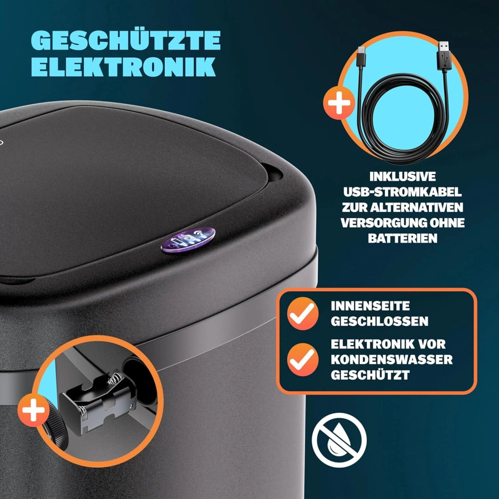 ® Cestino per Rifiuti con Sensore 50L in Acciaio Inox Pattumiera con Fissaggio Coperchio incl. Cavo USB Secchio Display LED