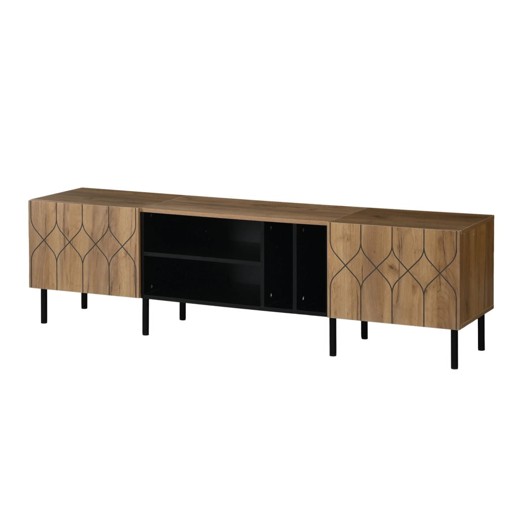 Mobile TV 180x40x50 cm con ante push-to-open; 4 ripiani aperti; truciolato e MDF; nero e naturale