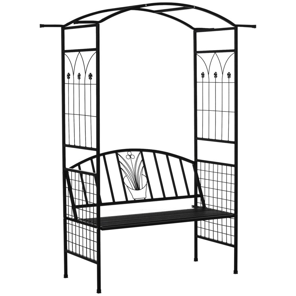 Arco di piantumazione con panca in rete metallica Arco nero 154x60x205 cm per giardino e terrazza