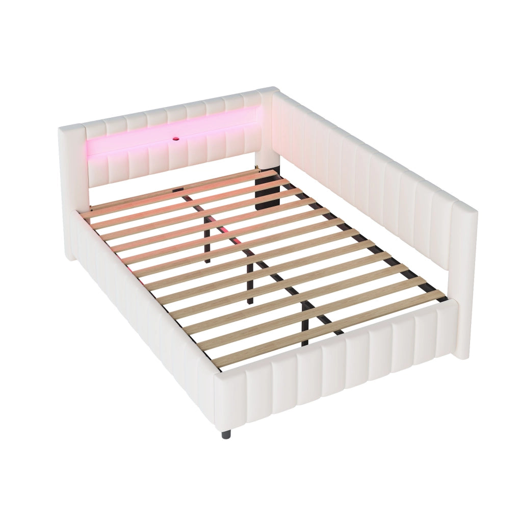 Divano letto 140x200 cm; LED e USB; velluto beige (Senza materasso)