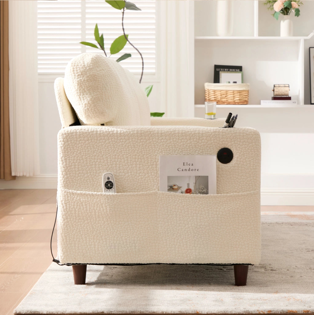 Divano a 2 posti in chenille beige con USB-C; luci LED; portabicchieri e tasche laterali 203 cm