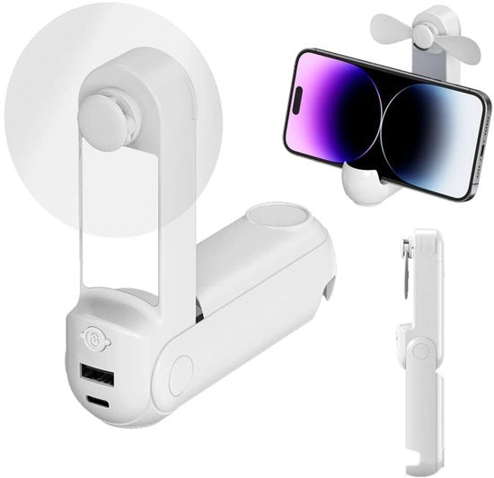 Ventilatore portatile multifunzione 5 in 1, powerbank ricaricabile mobile, torcia, specchietto, supporto per smartphone mobile
