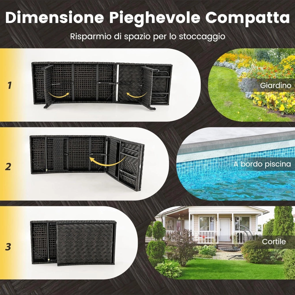 Lettino Prendisole in Rattan PE, Sdraio da Giardino Pieghevole con Schienale Regolabile, Schiuma ad Asciugatura Rapida e Due Ruote, Portata 150 kg, per Balcone Piscina