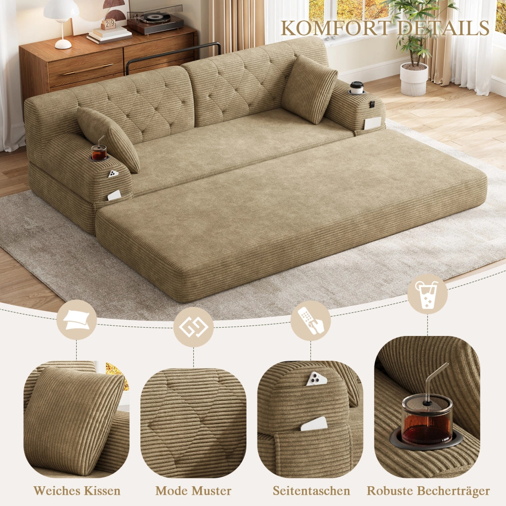 Divano letto compatto con schienale alto e 4 tasche laterali, portabicchieri, in tessuto corda cachi 208 × 80 × 81 cm