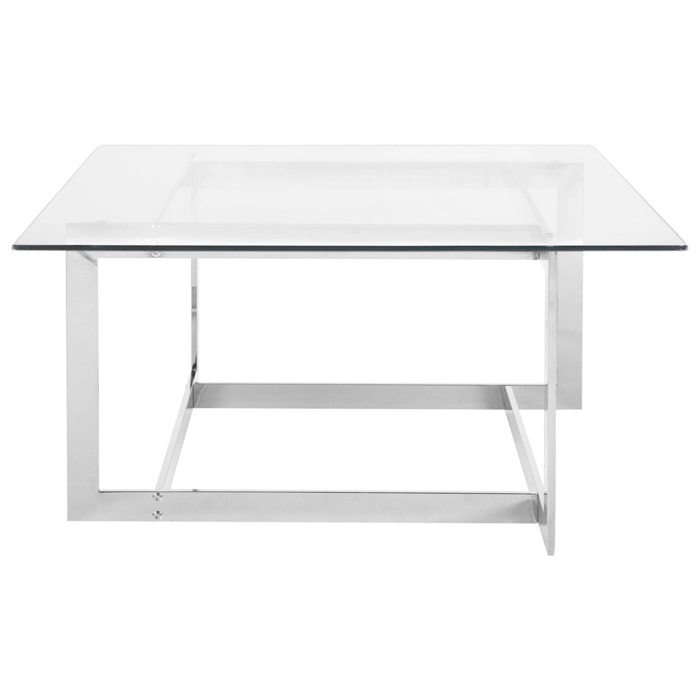 Tavolino da caffè con struttura in metallo argento piano quadrato in vetro design geometrico glam