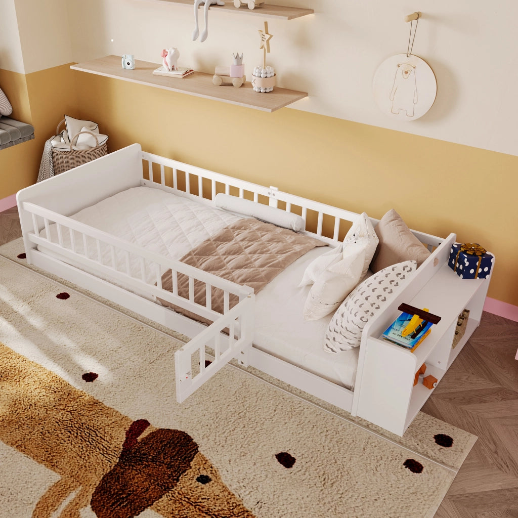 Letto per bambini in pino bianco 90x200 cm con contenitore aperto e scaffali, senza materasso