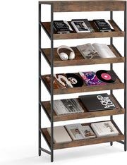 Libreria a 6 Ripiani, Scaffale Inclinato con Struttura Metallica, Porta Giornali Industriale in Legno, Organizer per Soggiorno Camera da Letto Studio, 90x30x161 cm (Marrone)