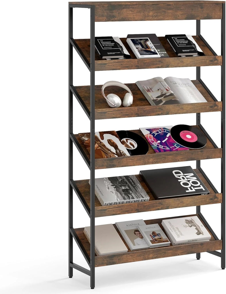Libreria a 6 Ripiani, Scaffale Inclinato con Struttura Metallica, Porta Giornali Industriale in Legno, Organizer per Soggiorno Camera da Letto Studio, 90x30x161 cm (Marrone)