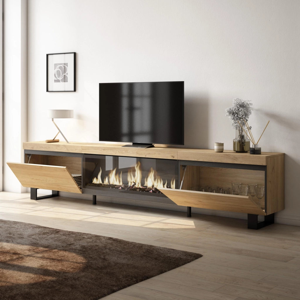 Mobile TV Soggiorno, 267x35x57cm, TV di grande formato, Camino elettrico XXL, Design industriale, colore Rovere RF3607