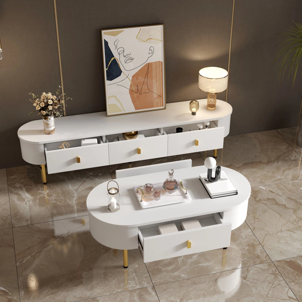 TAVOLINO 108 cm con 2 cassetti, MDF bianco, dettagli oro