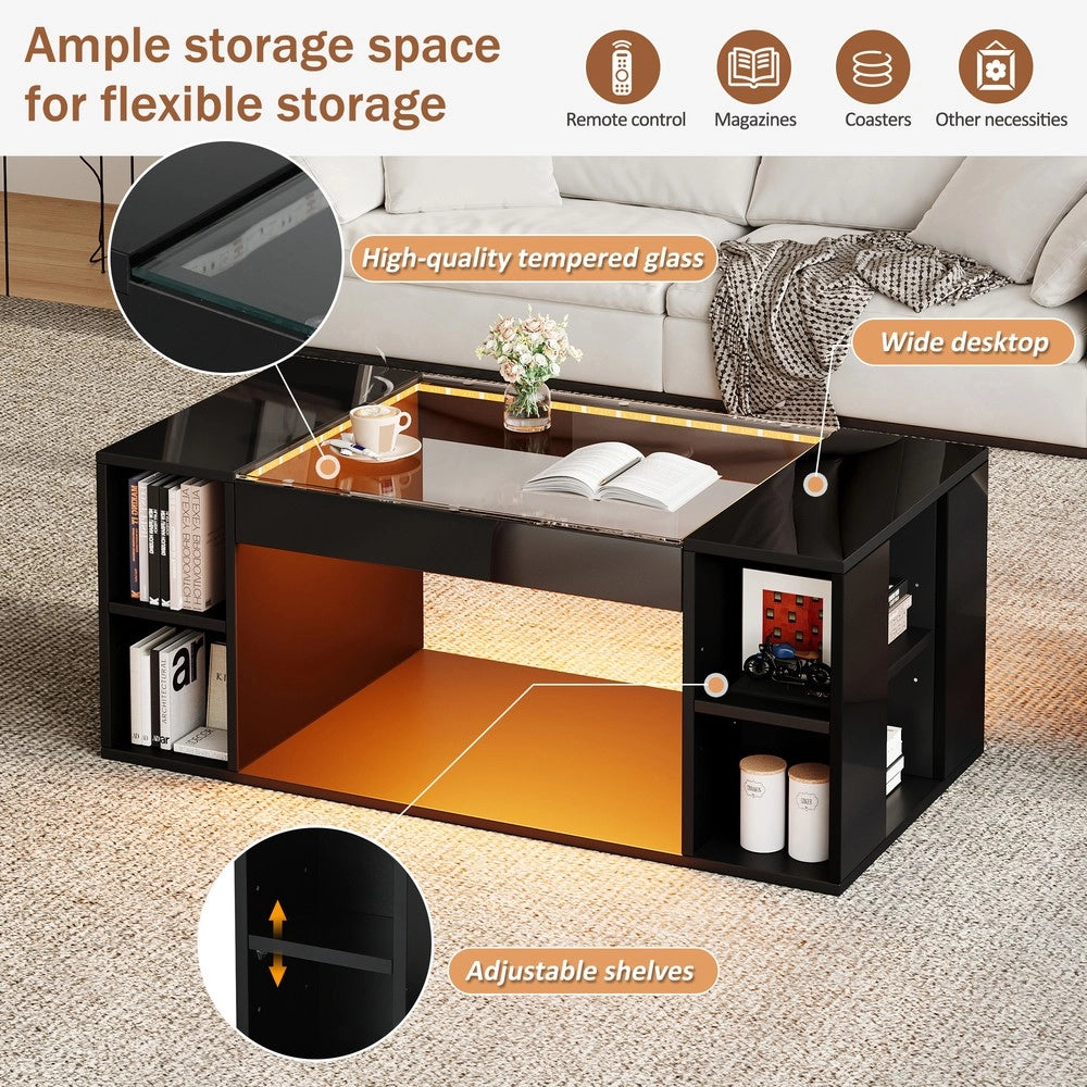 Tavolino da Caff¨¨ con Piano in Vetro Temperato e LED ¨C MINIMAL ¨C Nero, MDF, 100x50x40