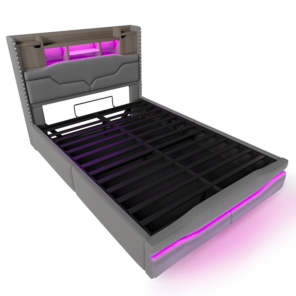 Letto matrimoniale-Xylo-140x200 cm-USB, LED, testiera con ripiano, idraulico, velluto grigio
