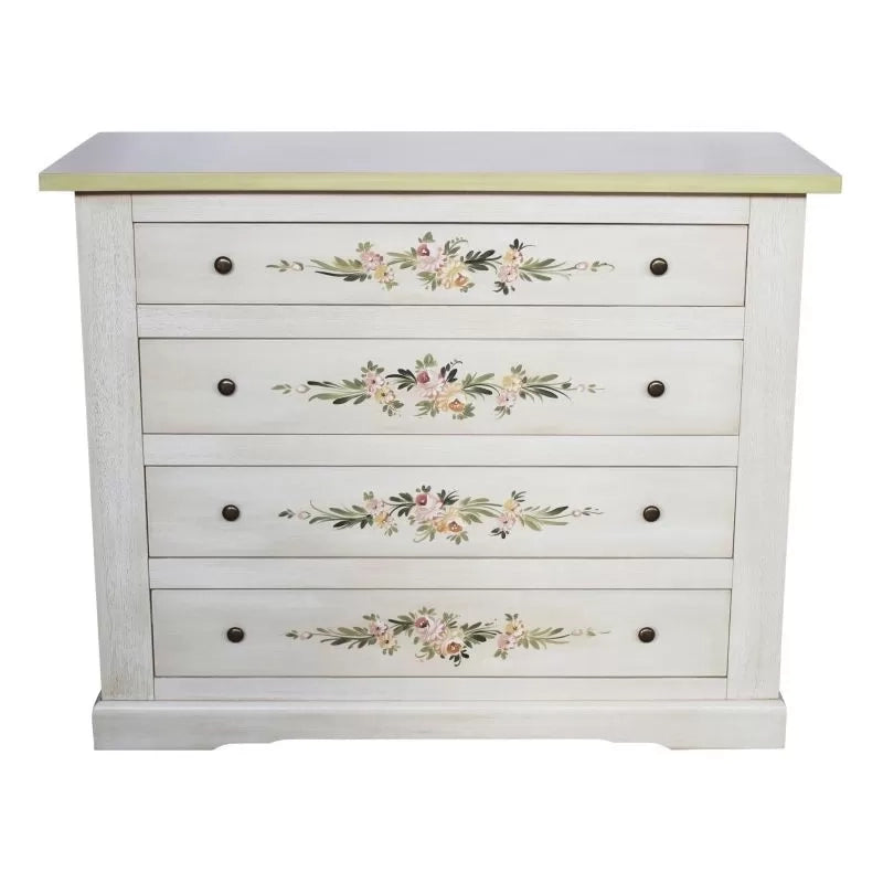 Cassettiera 4 cassetti legno shabby bianco anticato decori filo verde 115x50x90 - Mobili 2G