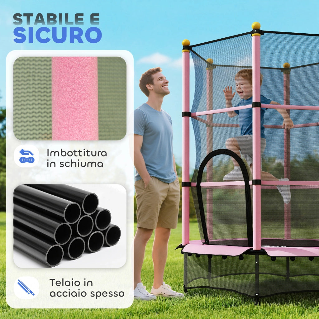 Tappeto Elastico per Bambini con Rete di Sicurezza e Pali Imbottiti Et¨¤ 3-10 Anni, ?140 x 190 cm, Rosa