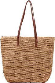 Borsa a spalla con stro intrecciato per donna grande con chiusura a zip e design estivo in pelle marrone