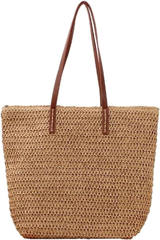 Borsa a spalla con stro intrecciato per donna grande con chiusura a zip e design estivo in pelle marrone