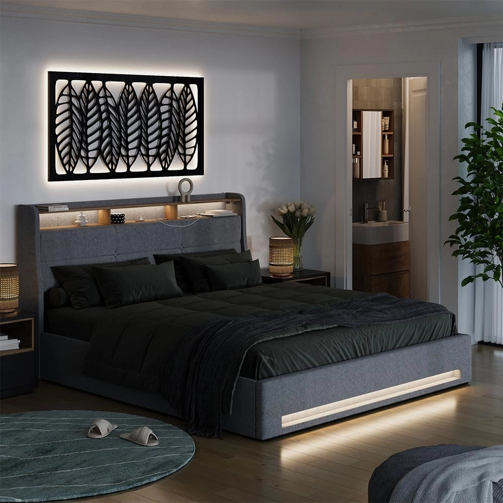 Letto imbottito Christin, Grigio/quercia, 180x200 con LED e porta USB