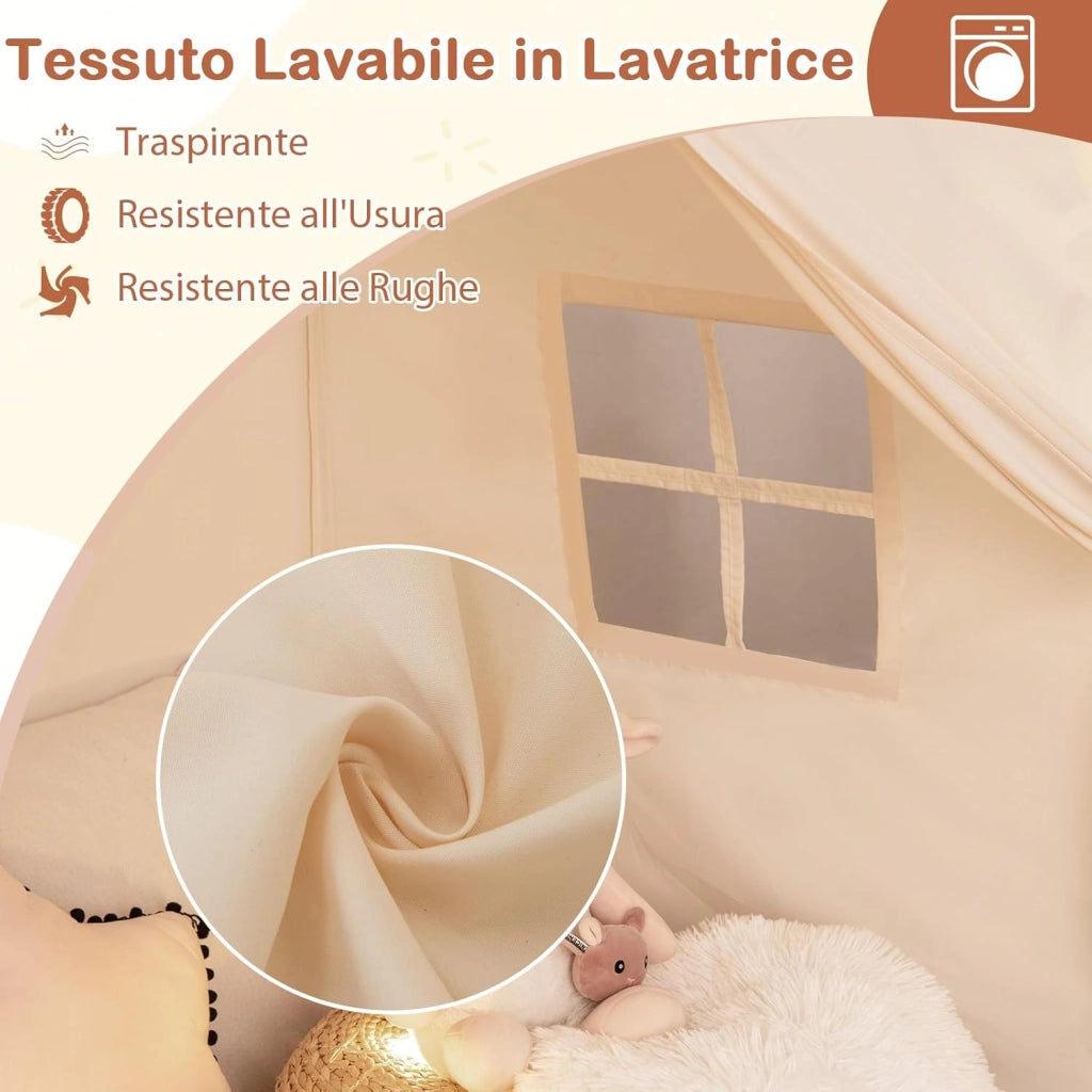 Tenda per Bambini con Luci Fatate e Bandierine, Tenda Casetta da Gioco con 2 Finestre, Tenda Gioco Castello Portatile per Interni ed Esterni, 157 x 98 x 148 cm (Beige)