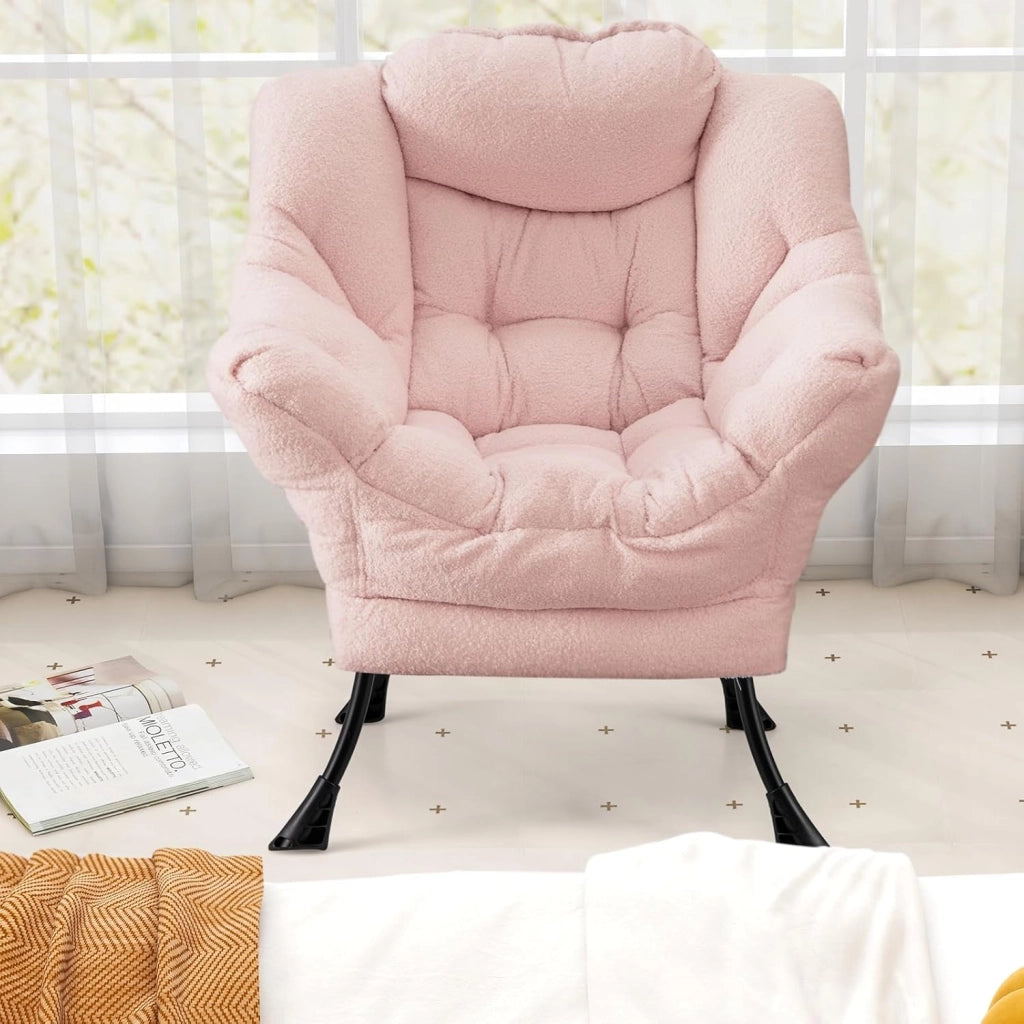 Poltrona da lettura moderna con struttura in metallo, 80 x 74 x 97 cm, sedia da divano imbottita in finta pelliccia, poltrona singola con braccioli e tasca laterale, per soggiorno, ufficio