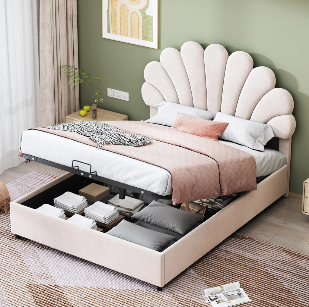 Letto imbottito 140x200 cm con contenitore idraulico e testiera floreale beige