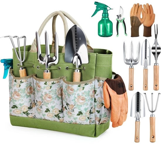 Set di attrezzi da giardino, 9 pezzi, con organizzatore di attrezzi da giardino, borsa, set di attrezzi da giardino stabile, regalo ideale per donne e appassionati di giardinaggio