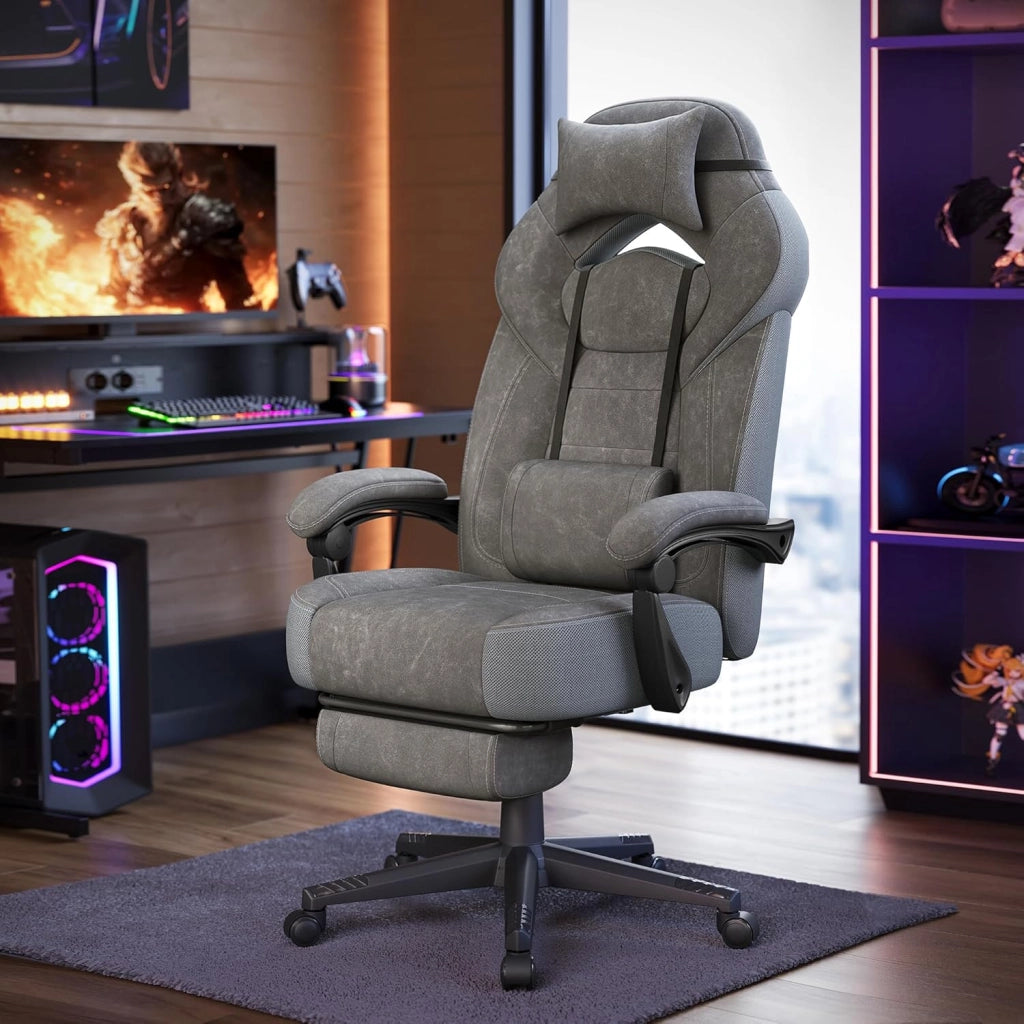 SONGMICS Sedia Gaming, Sedia Ufficio Scrivania, Ergonomico, con Poggiapiedi, Poggiatesta Regolabile, Cuscino Lombare, Portata 150 kg, Nero Inchiostro OBG077BH21