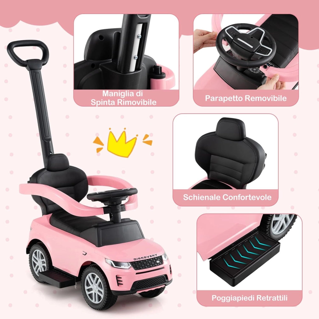 3 in 1 Auto a Spinta, Macchinina a Pedale con Manico Removibile e Paracolpi, Clacson e Suodo di Avvio, Macchina Cavalcabile per Bambini 18-36 Mesi (Rosa)