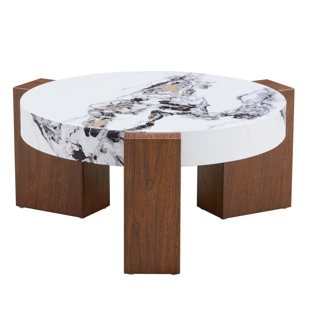 Set di tavolini da salotto rotondi 2 pezzi in MDF effetto noce; vetro trasparente; bianco marmo; 61 cm