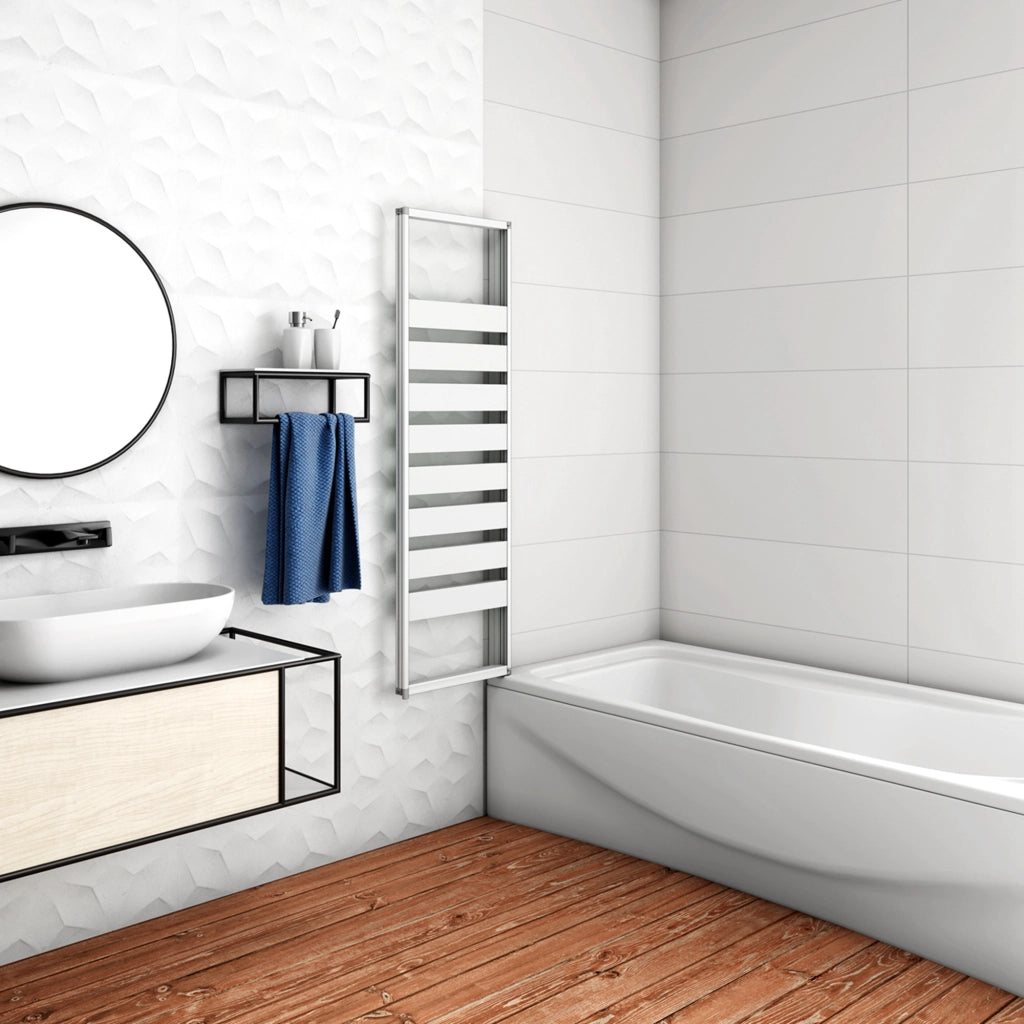 100x140 cm Parete Vasca da Bagno Doccia 3 Ante Pieghevoli a Libro Montaggio Verso Sinistro Vetro 4 mm Temperato Fasce Bianche Opache Telaio Argento Opaco
