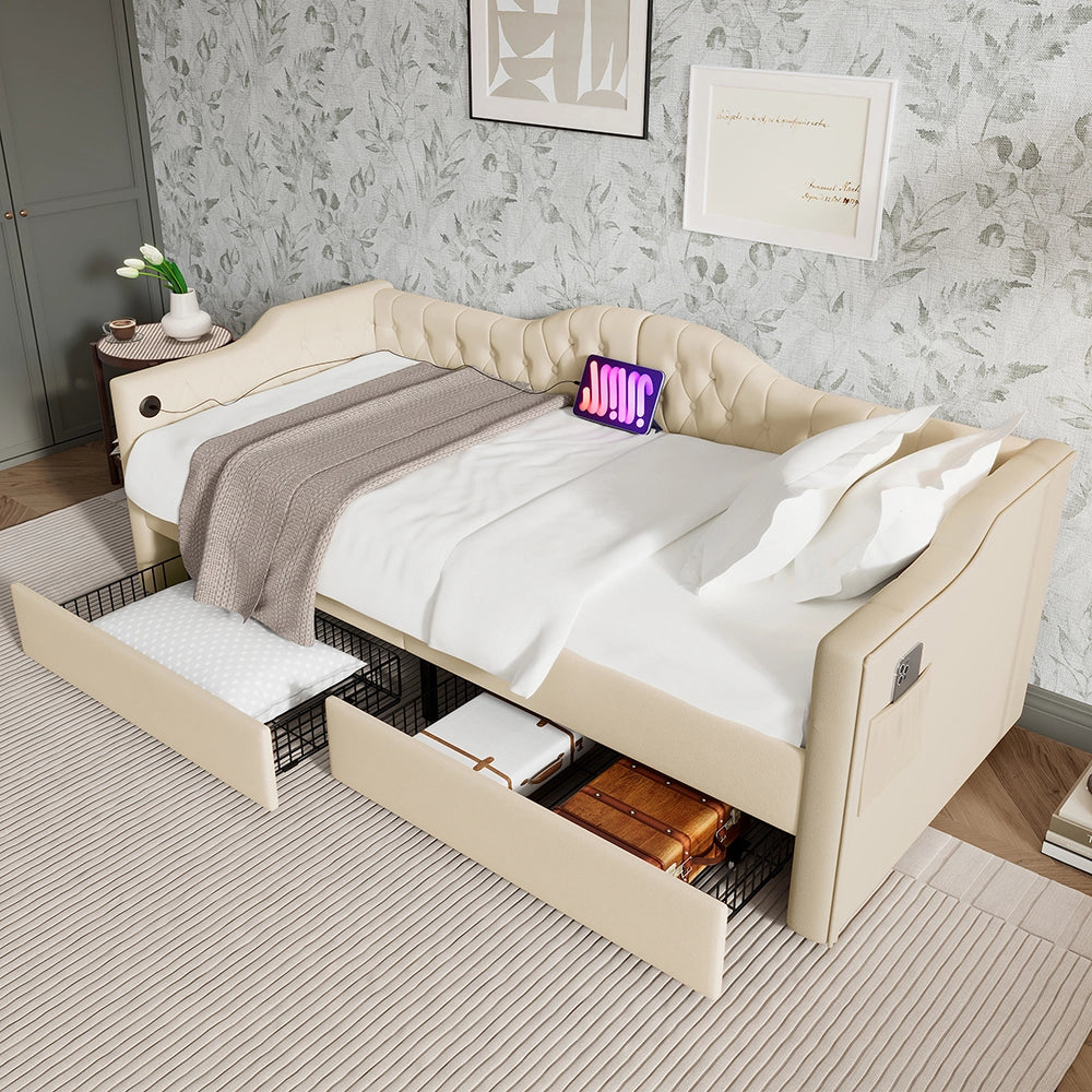 Letto con cassetti divano letto Xylo - 90x200 cm - Beige - USB Type C