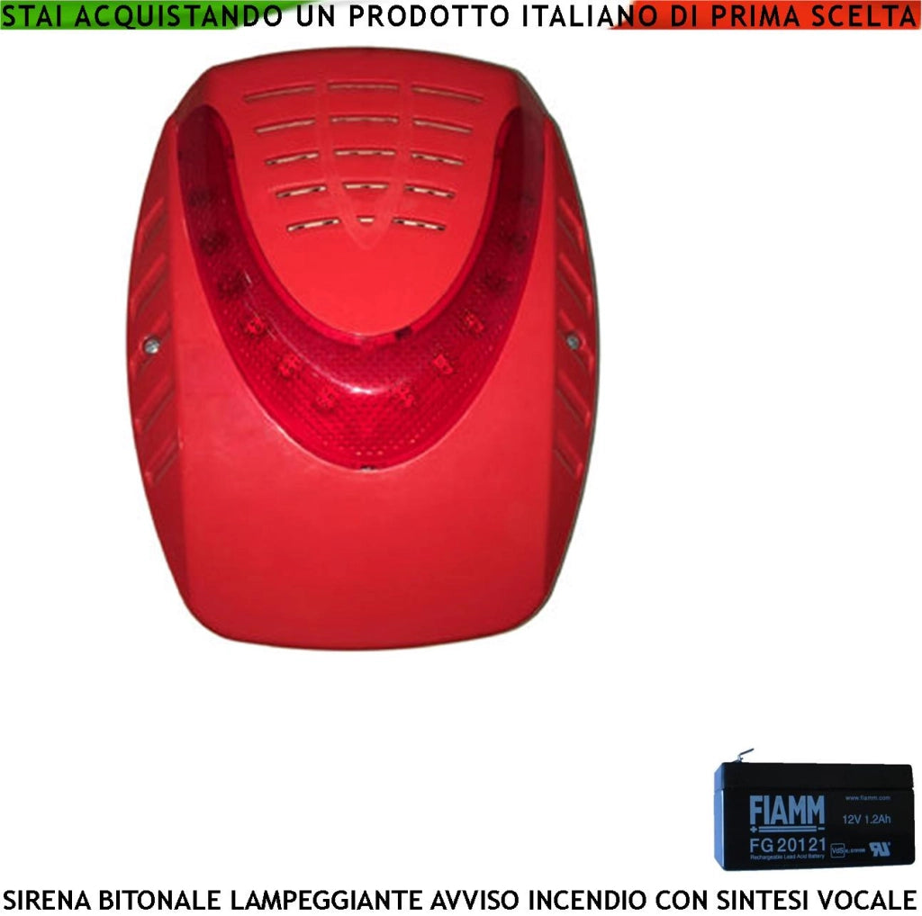 SIRENA ELETTRONICA LAMPEGGIANTE LED ROSSA ESTERNA ALLARME INCENDIO ALIMENTATA 24 VCC 2 BATTERIE 12 V 1,2 AH SOTTOCOPERCHIO ANTISCHIUMA