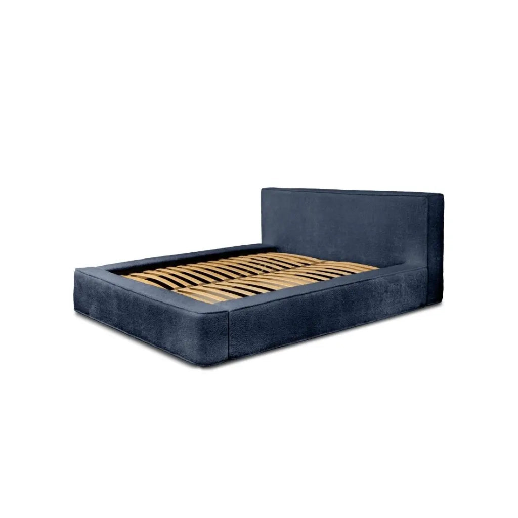 Letto contenitore VELORA – Blu acciaio bouclé – 180x200 cm – Tessuto velluto morbido – Rete sollevabile – Spazio di stoccaggio integrato