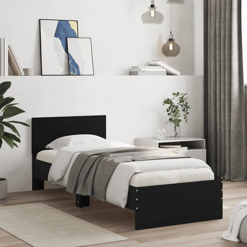 Letto singolo | Letto per adulti | Giroletto con Testiera Nero 90x200 cm in Legno Multistrato