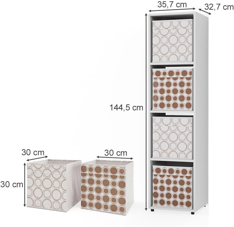Scaffale Ludus, Bianco, 142.5 x 36.2 cm con 2 scatole pieghevoli opt.1, adatto per la conservazione di scatole e oggetti