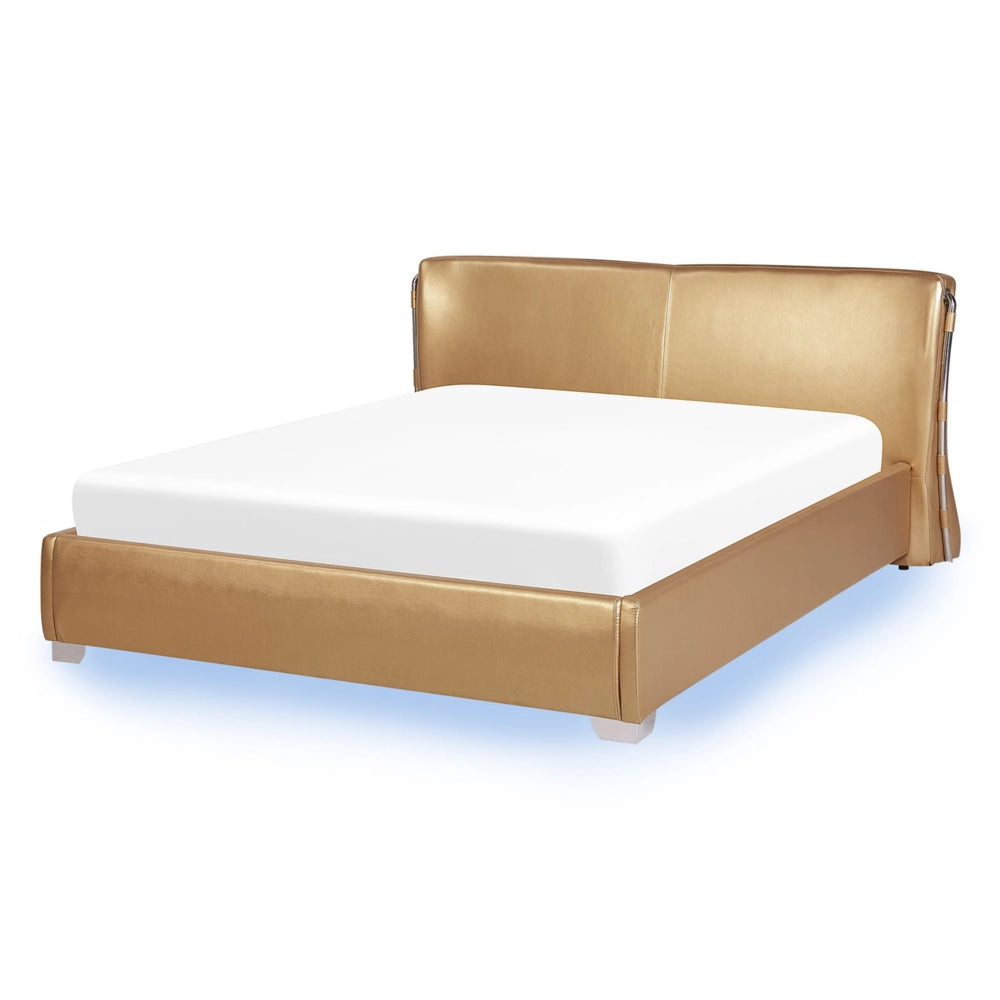 Letto ad acqua con rivestimento in pelle color dorato matrimoniale LED Lights Design moderno e glamour Poggiatesta curvo