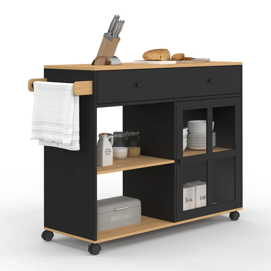 IDMarket - Credenza da cucina ACHILLE XXL con ripiano e armadio smaltato nero e legno L. 100 CM