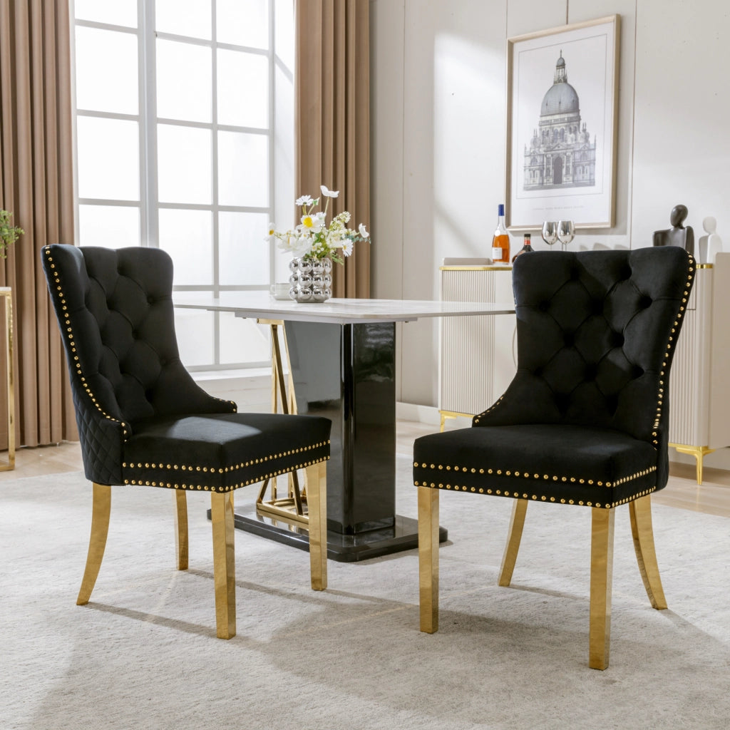 Set di 2 Sedie da Pranzo; con Anello sullo Schienale e Borchie Decorative; Acciaio Inox Dorato e Velluto; Nero
