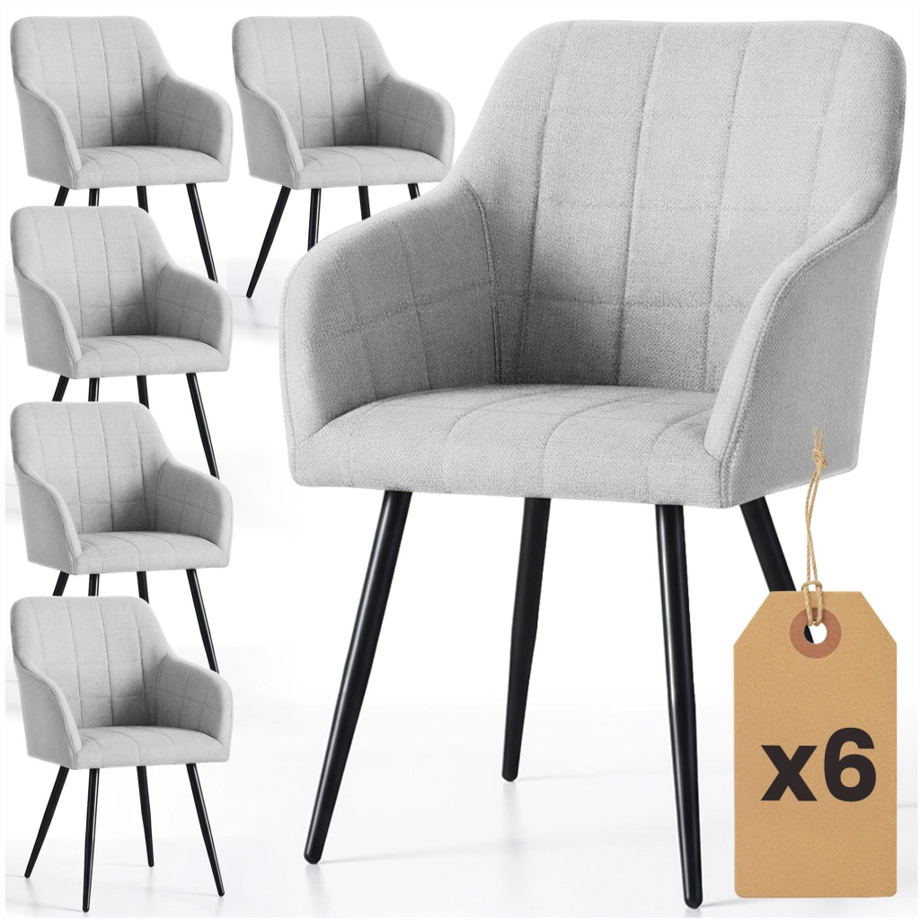 Set di 6 Sedie imbottite con cuciture quadrate LUXANO Grigio Chiaro gambe nere tessuto Lumos