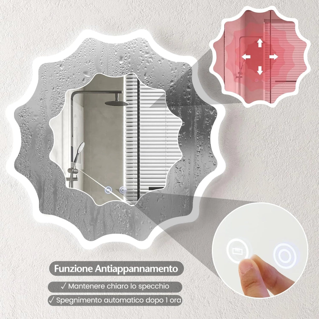60x60cm Specchio da Bagno a LED, Specchio da Parete Rotondo con Bordo Ondulato, Luci 3 Colori e Anti-appannamento, Specchio per Trucco Illuminato Regolabile con Luce Anti-esplosione e Pulsante
