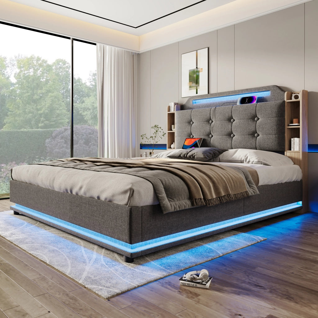 Letti contenitori 140x200 cm con luci LED e vano contenitore; lino; grigio (Senza materasso)