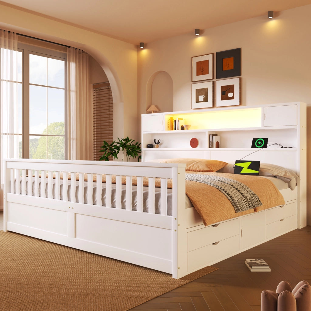 LETTO con testiera libreria 180x200 cm Bianco con 4 cassetti e LED