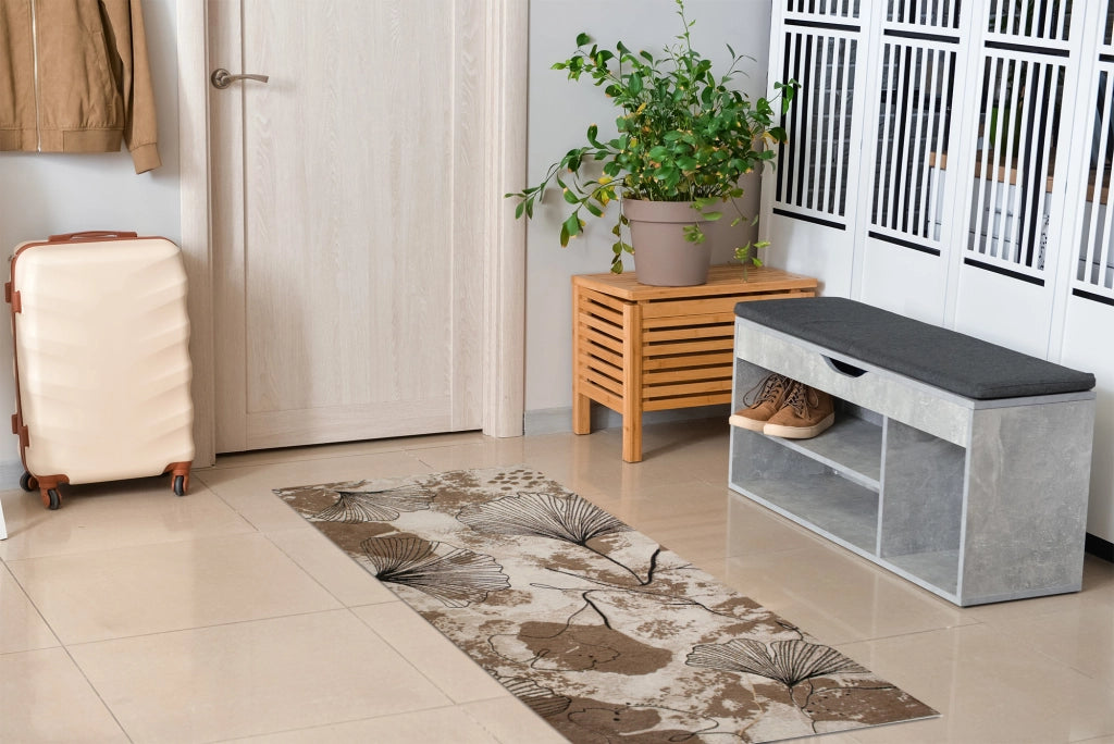 Tappeto Arredo Moderno Morbido in Ciniglia Ingresso Antiscivolo Prodotto Italiano  Soggiorno Camera Salotto Disegni Piazzati Cotone Varie Misure Grande Ginko/Fango - 140x200 cm